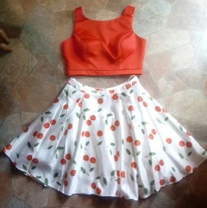 2 Piece Cherry Print Red Silk Prom Dress Size 10